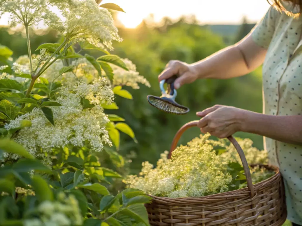 Hands harvesting fresh elderflowers from an elderberry tree.