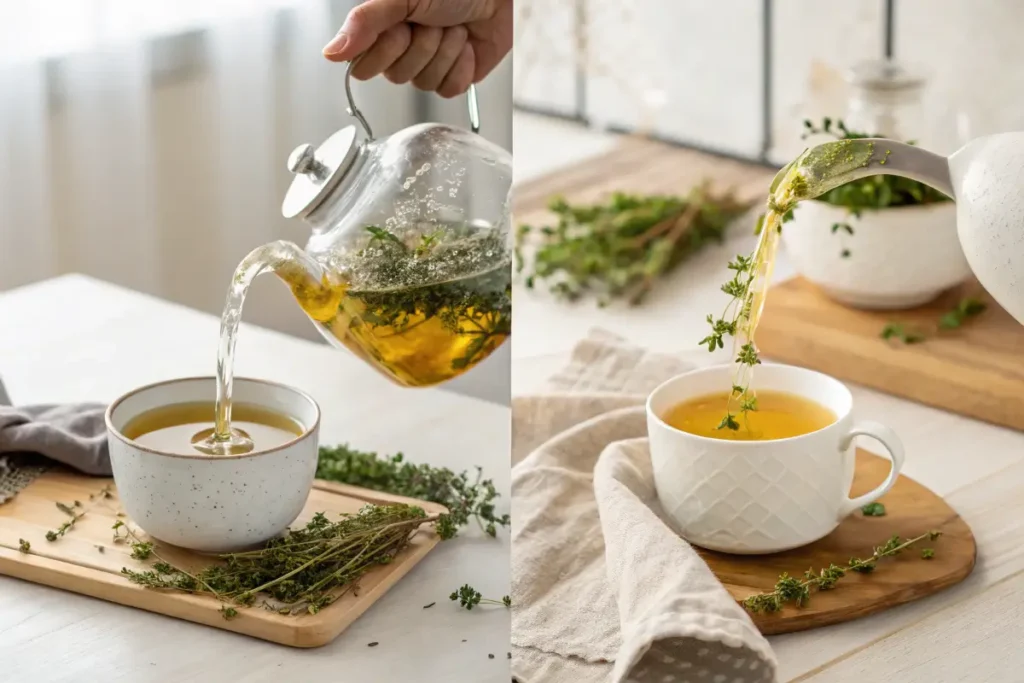 Step-by-step process of making thyme tea at home.