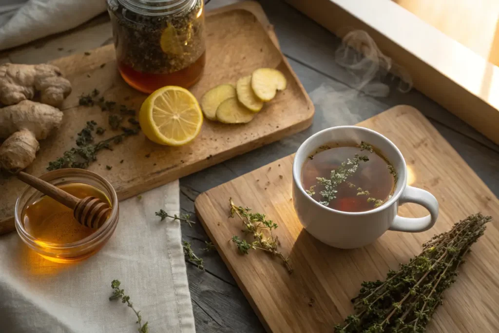 Thyme tea with honey, lemon, and ginger on a wooden counter.