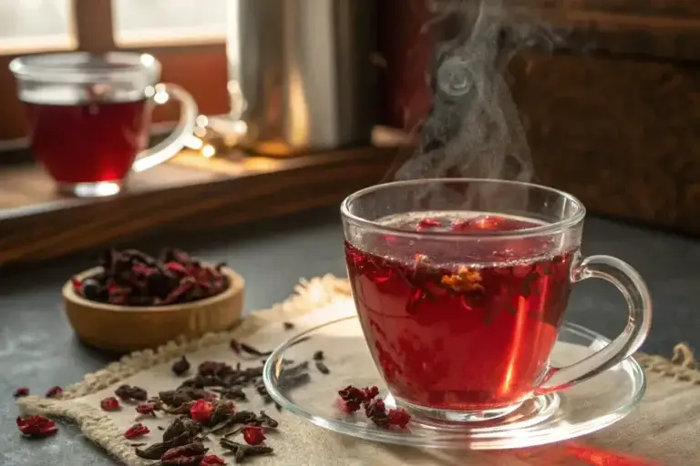 Deep-red hibiscus tea in a glass mug with lime slice and mint on wooden table