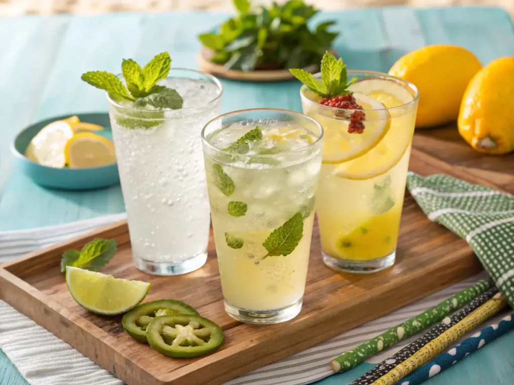 Three variations of pineapple lemonade with unique ingredients.