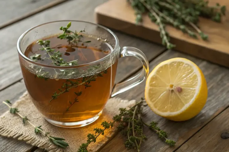Steaming thyme tea in a clear glass mug, garnished with a fresh thyme sprig and lemon slice