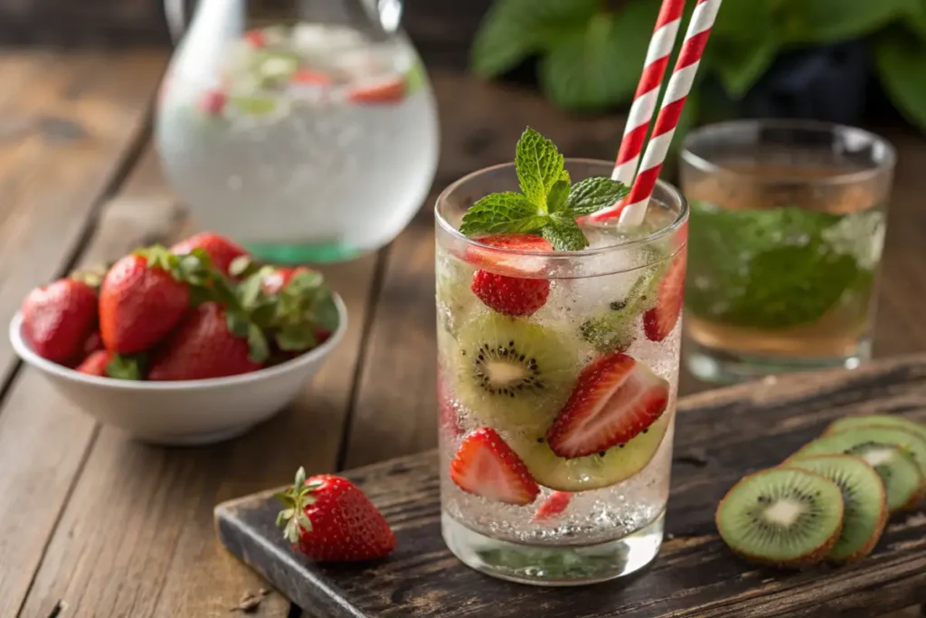 Kiwi strawberry soda served with fresh fruit garnish