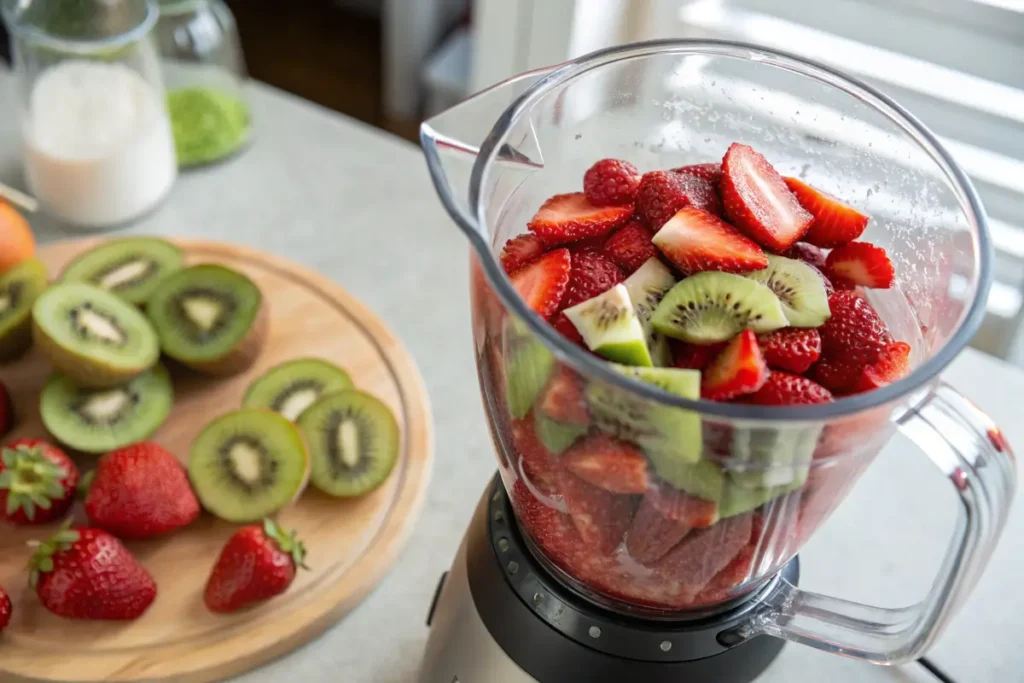 Blending kiwi and strawberries for homemade fruit soda
