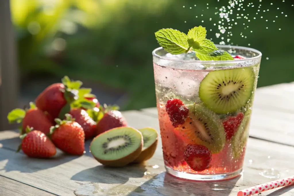 Refreshing homemade kiwi strawberry soda with fruit garnish