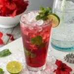 Vibrant ruby-red hibiscus mocktail served over ice, garnished with a lime slice and fresh mint sprig.