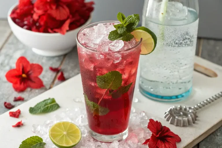 Vibrant ruby-red hibiscus mocktail served over ice, garnished with a lime slice and fresh mint sprig.