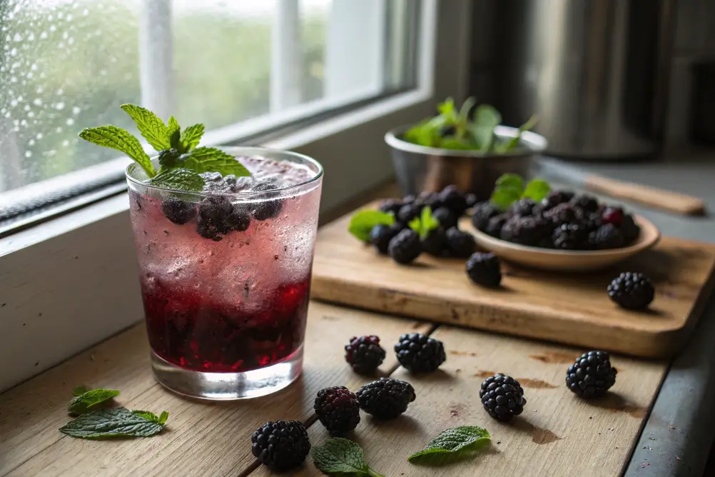 Blackberry mocktail in a glass with mint and lemon on a rustic counter