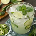 A refreshing glass of Pepper-Mint Limeade with ice, mint leaves, lime slices, and jalapeño rounds on a summer table.