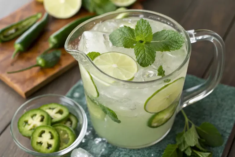 A refreshing glass of Pepper-Mint Limeade with ice, mint leaves, lime slices, and jalapeño rounds on a summer table.