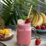 Bright pink smoothie in a mason jar, topped with fresh banana and strawberry, with a tropical background.