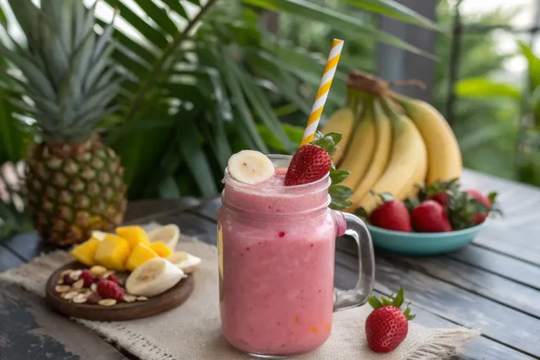 Bright pink smoothie in a mason jar, topped with fresh banana and strawberry, with a tropical background.