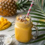 Mango pineapple smoothie in a mason jar with a pineapple wedge and tropical garnish.