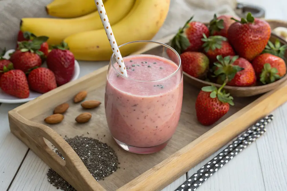 Creamy smoothie served with chia seeds and fruit