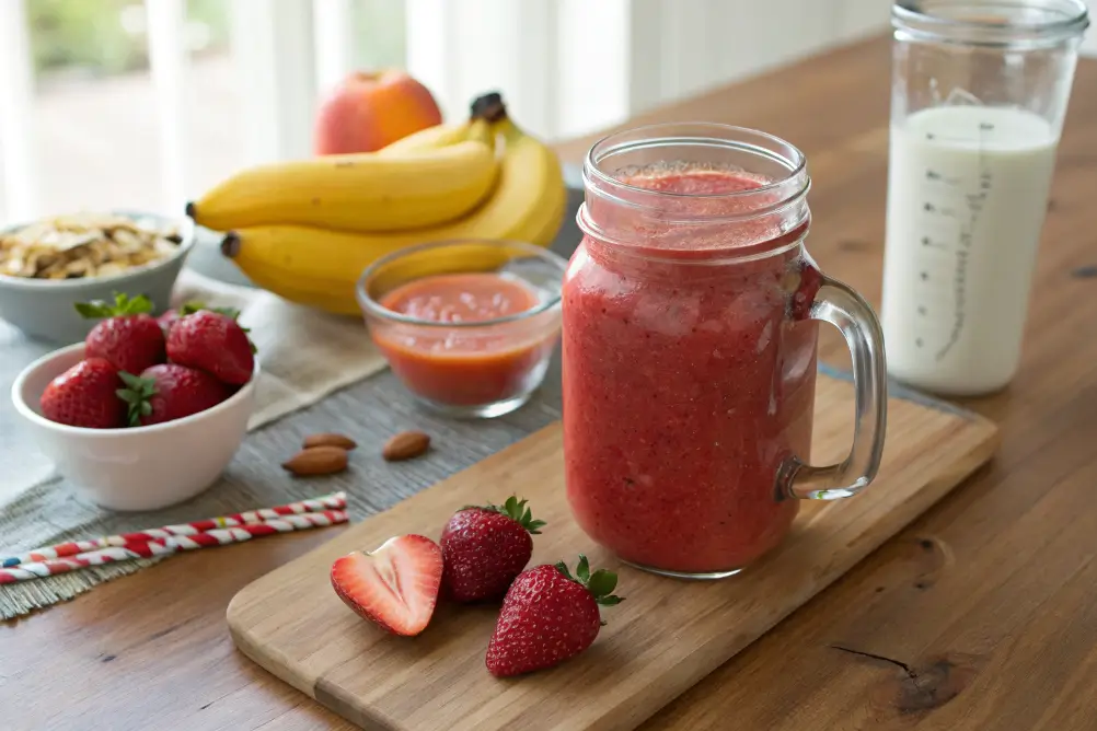 Fresh naked smoothie strawberry banana in mason jar