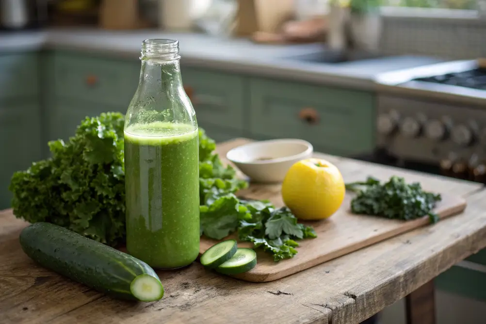 Fresh green juice cleanse bottle on rustic kitchen counter