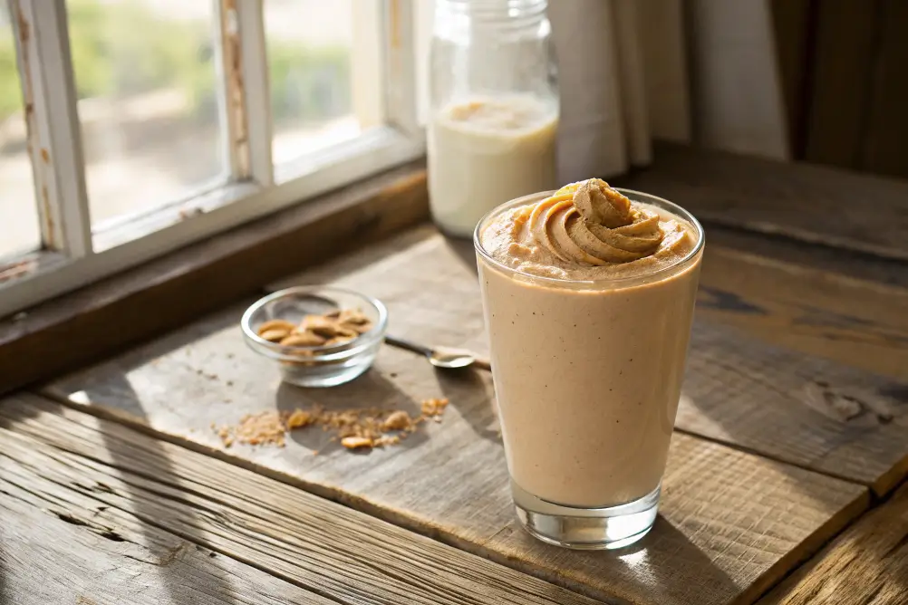 Peanut butter banana smoothie on a beach table

