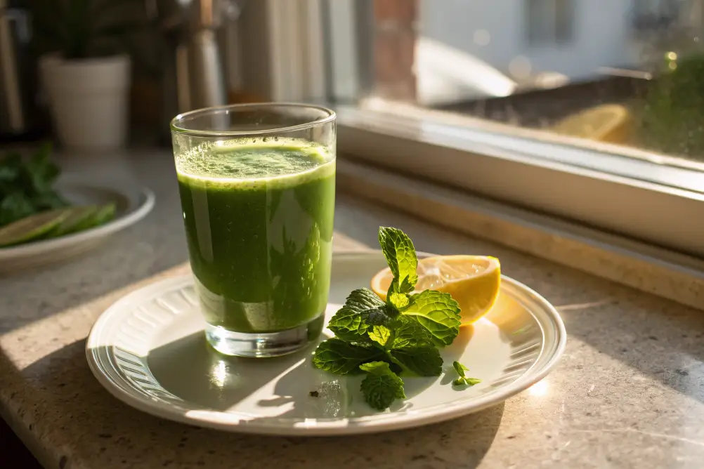 Served green juice cleanse with lemon and mint