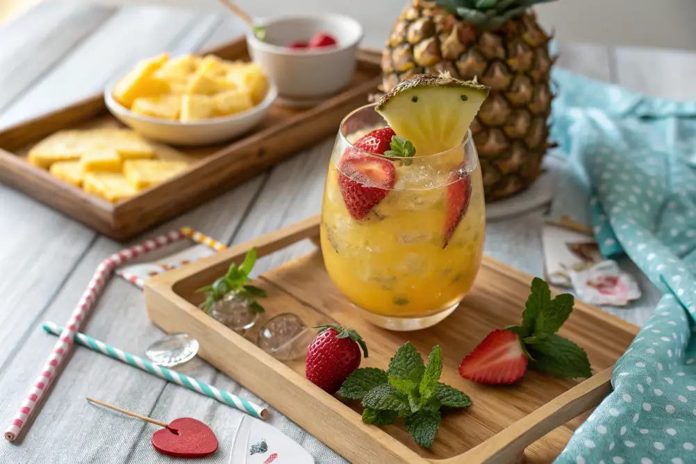 A glass of halal pina colada sangria with mint and fruit garnish	