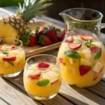 A refreshing pitcher of Halal Pina Colada Sangria with sliced oranges, strawberries, and mint, served over ice in clear glasses.