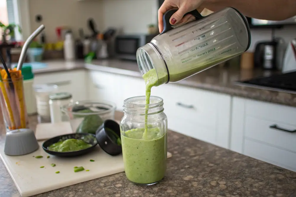 Pouring Island Green Smoothie from blender	