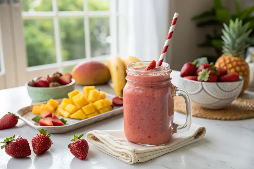 Tropical smoothie in a mason jar with fresh fruit