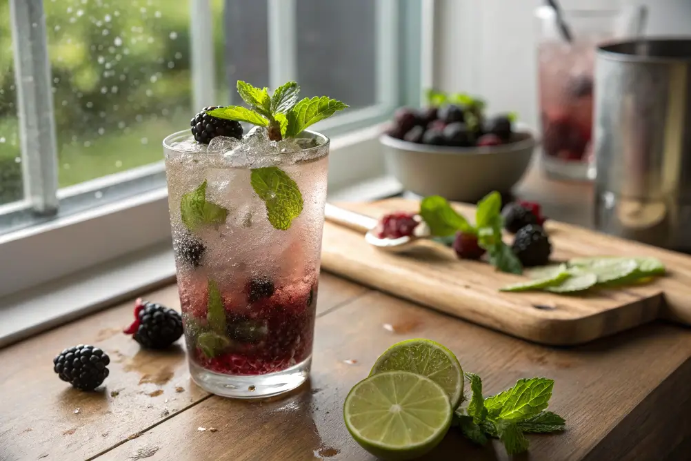 Blackberry Mojito Mocktail in Glass with Mint and Lime
