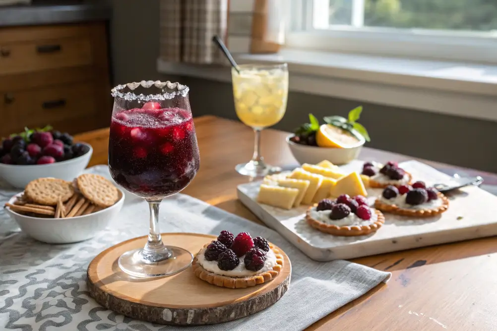 Blackberry mocktail on a table with cheese and lemon desserts	