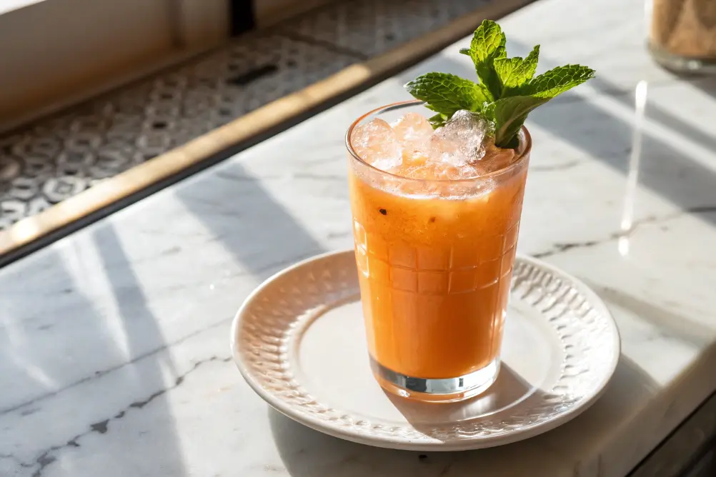 Served Sunrise Juice with mint and ice in natural light