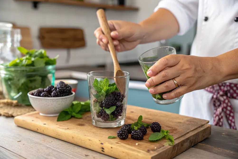Muddling Blackberries and Mint for Mocktail