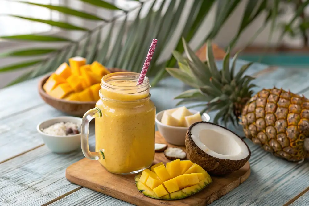 Tropical smoothie in a mason jar with tropical fruits