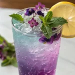 Vibrant purple Honey Lemon Butterfly Fizz in a clear glass with mint garnish and lemon slice on the rim.
