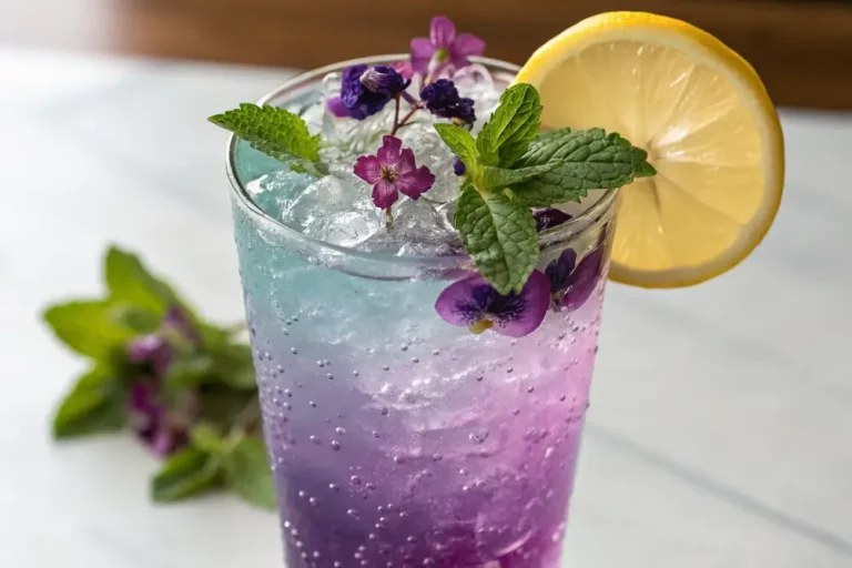 Vibrant purple Honey Lemon Butterfly Fizz in a clear glass with mint garnish and lemon slice on the rim.