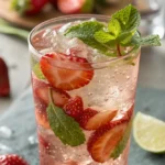 Strawberry mojito mocktail in a tall glass with fresh mint, strawberries, and lime.