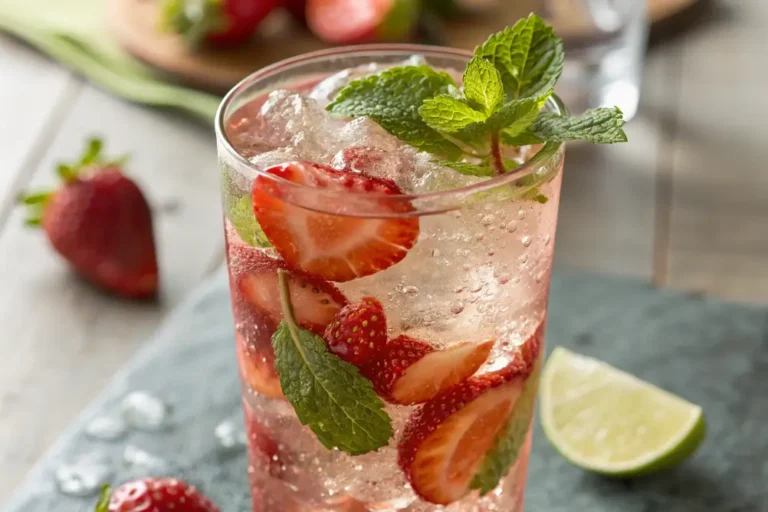 Strawberry mojito mocktail in a tall glass with fresh mint, strawberries, and lime.