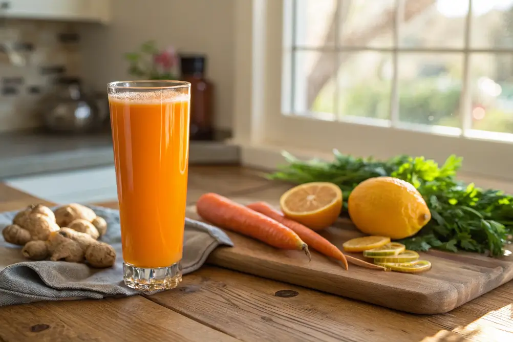 Sunrise Juice in a glass with fresh ingredients on a kitchen counter