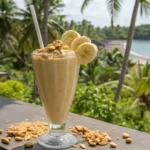 Peanut butter banana smoothie on a beach table