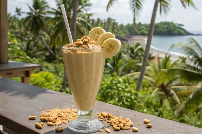 Peanut butter banana smoothie on a beach table