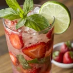 Strawberry Basil Mojito with sliced strawberries and fresh basil leaves served over ice in a clear glass.