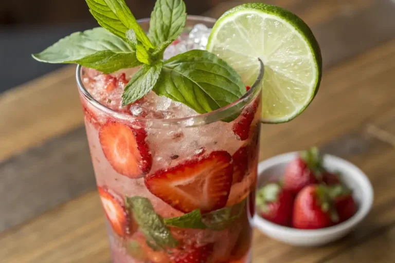 Strawberry Basil Mojito with sliced strawberries and fresh basil leaves served over ice in a clear glass.
