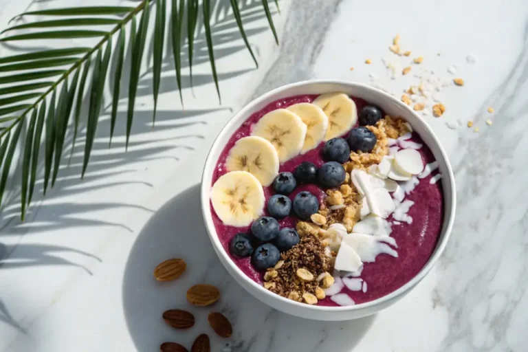 Vibrant acai bowl tropical smoothie with toppings