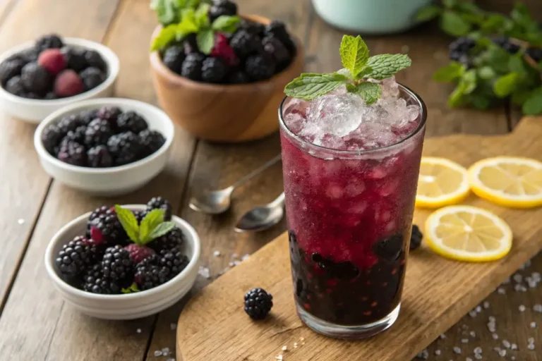 Refreshing blackberry mocktail with mint and lemon in a clear glass over ice