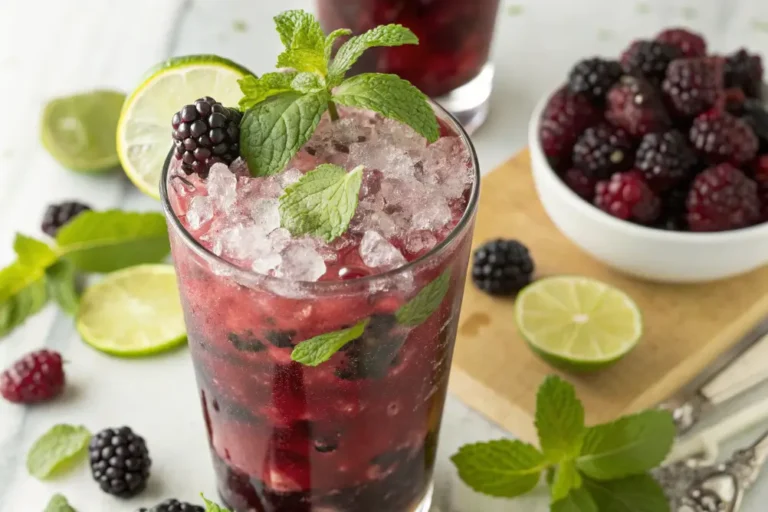 Blackberry mojito mocktail in a clear glass with mint, lime, and crushed ice