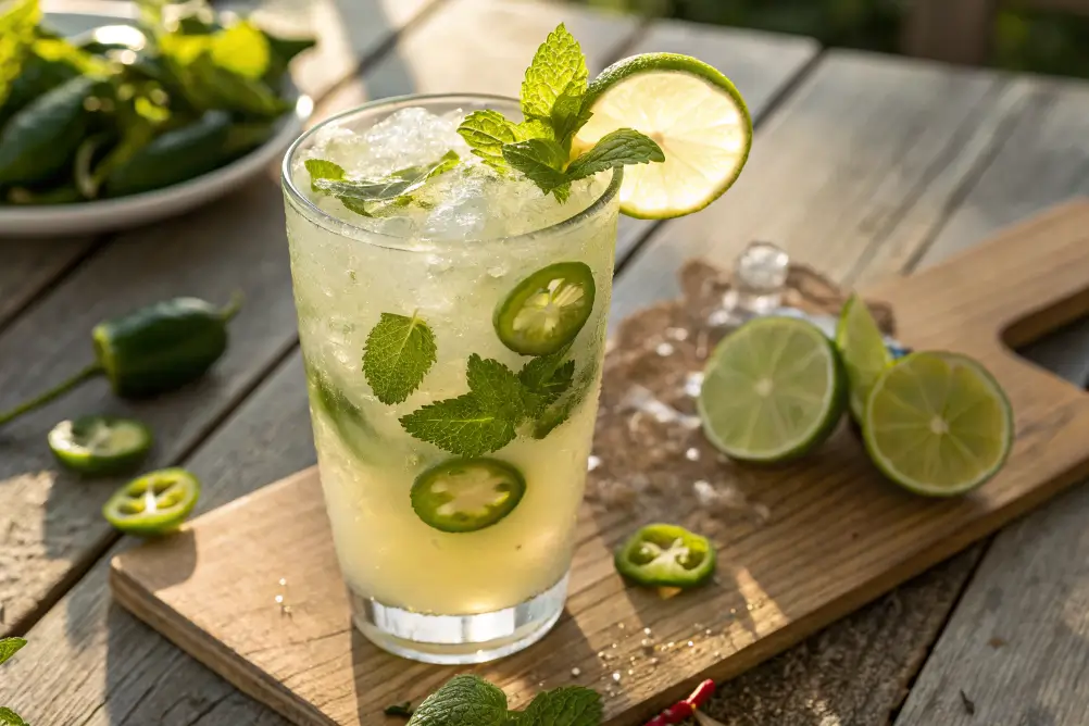 Tall glass of Pepper-Mint Limeade with lime and mint