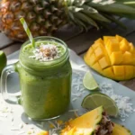 Tropical green smoothie in a mason jar topped with coconut flakes and a lime slice, surrounded by pineapple and mango on a wooden surface.