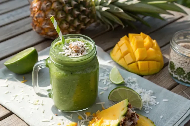Tropical green smoothie in a mason jar topped with coconut flakes and a lime slice, surrounded by pineapple and mango on a wooden surface.