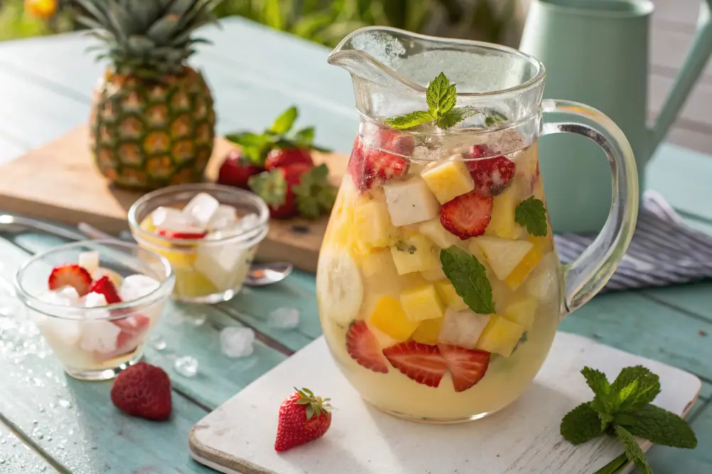 A vibrant glass pitcher of halal pina colada sangria with fresh fruit	