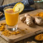 Golden ginger wellness shot in a glass with fresh turmeric and lemon slices