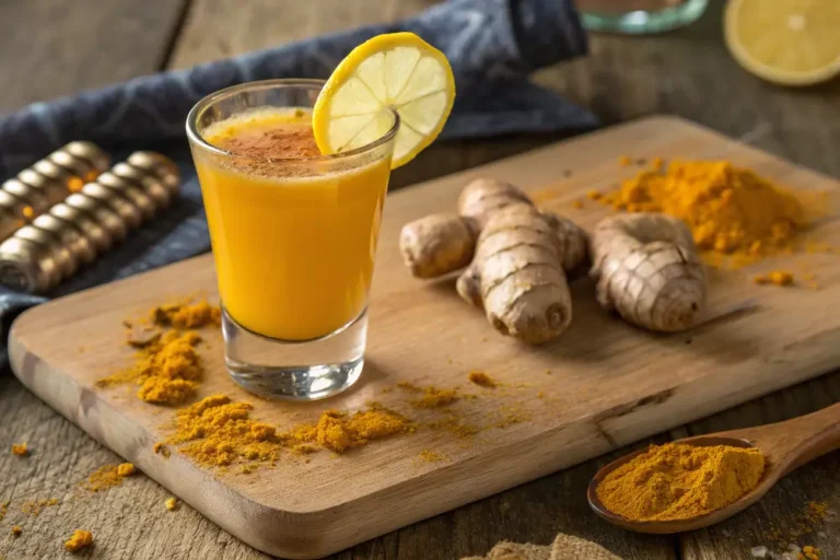 Golden ginger wellness shot in a glass with fresh turmeric and lemon slices