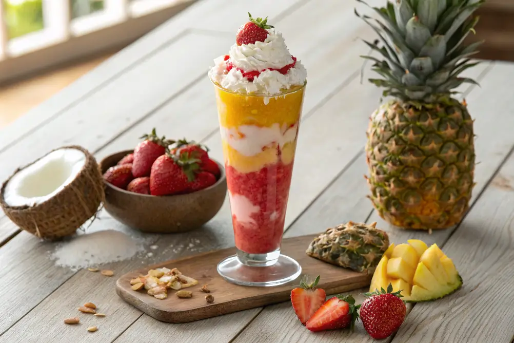 Bahama Mama Tropical Smoothie with coconut, pineapple, and strawberries	